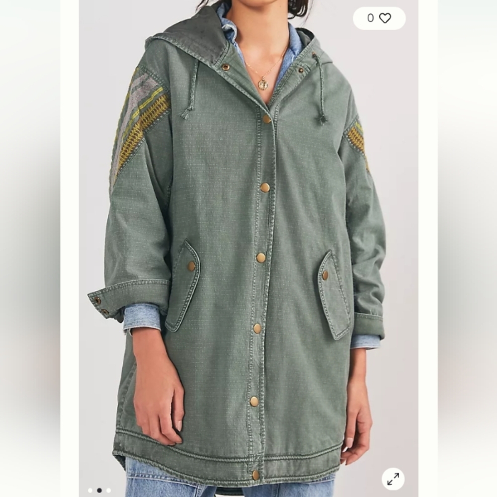 Anthropologie Pilcro Utility Anorak Jacket Womens XS Green Embroidered Bohemian - Picture 3 of 15